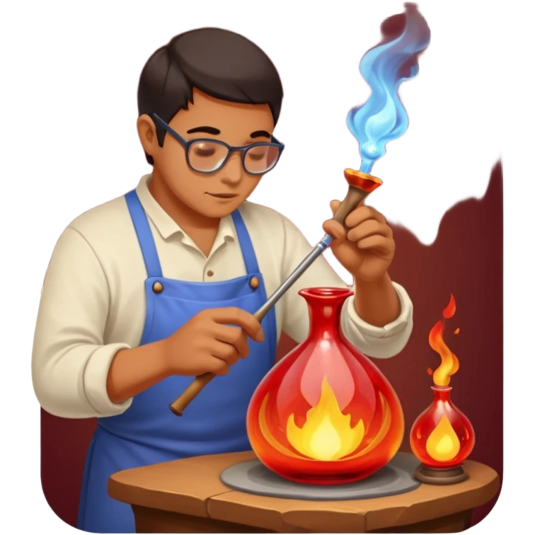 Glassblowing and casting icon, artisan shaping molten glass with a blowpipe, glass being poured into a mold, glowing red-hot glass, delicate patterns, minimalistic style, clean lines, transparent background. emoji
