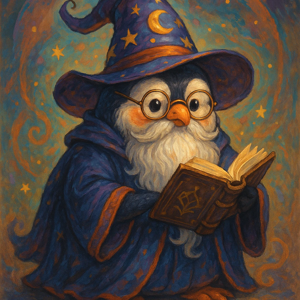 a chubby penguin wizard with glasses, a long beard, and a spellbook, fantasy illustration style emoji