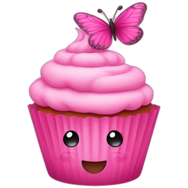 pink cupcake with a happy face and a pink butterfly  emoji