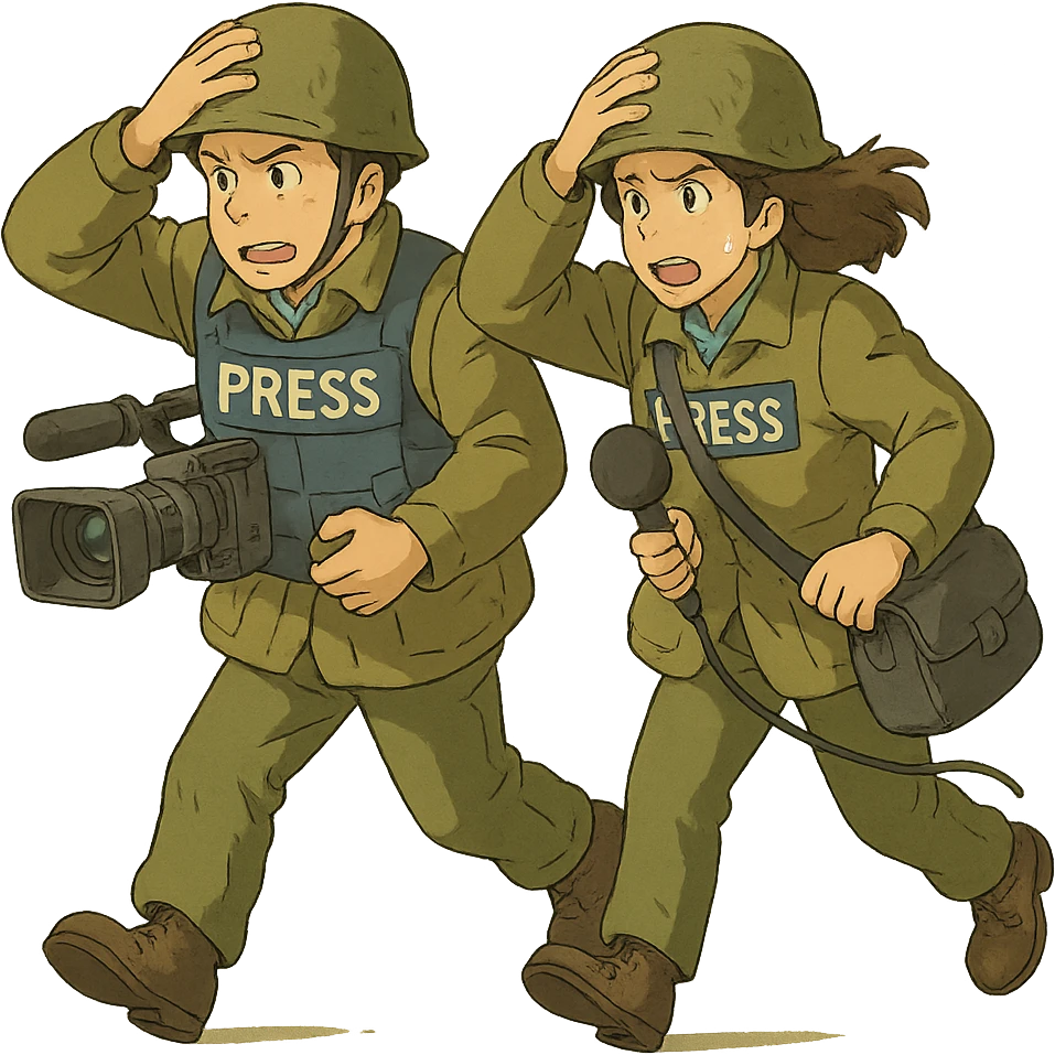  walking from left to right across frame: a cameraman, and a microphone operator, ONLY two people, war correspondents, tense moment, BOTH HOLDING ONTO THEIR HAT! emoji
