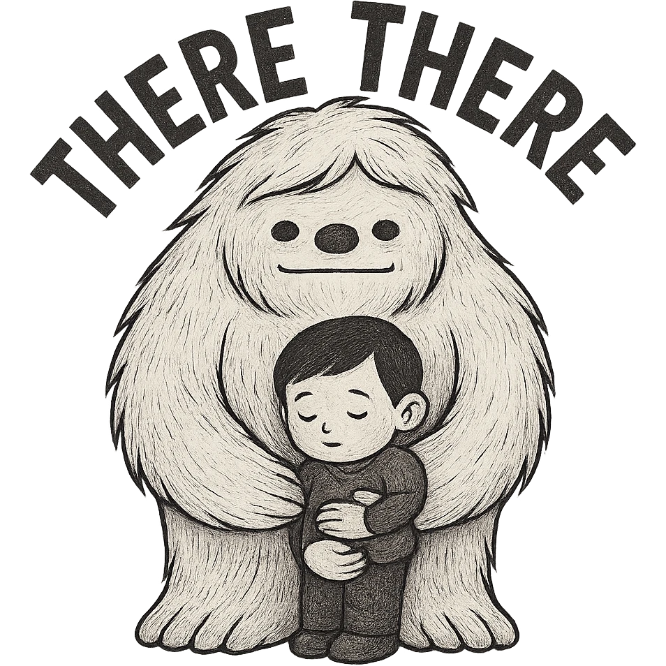 Reduce the image dimensions to make the file smaller, keep the background transparent, and preserve the 'there there' text through the head of the Abominable Snowman hugging the much smaller kid. Maintain the original style and transparency. emoji