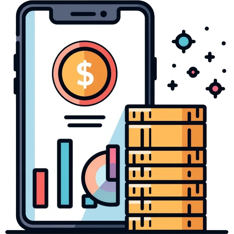 expense tracking app with dollar sign, charts, and coin stack emoji