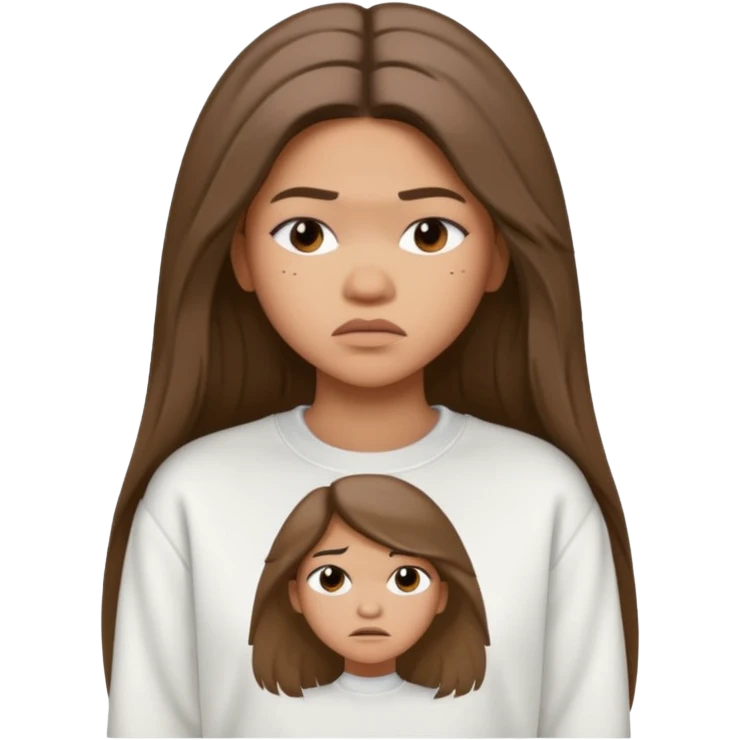 Zendaya in a white sweatshirt, should long hair, worried face emoji