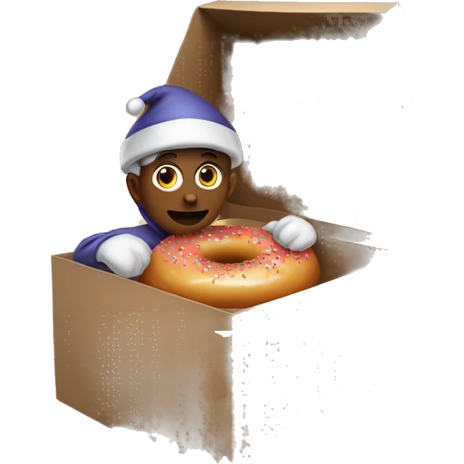A dounut with eyes ￼ sitting in a box with an elf costume emoji