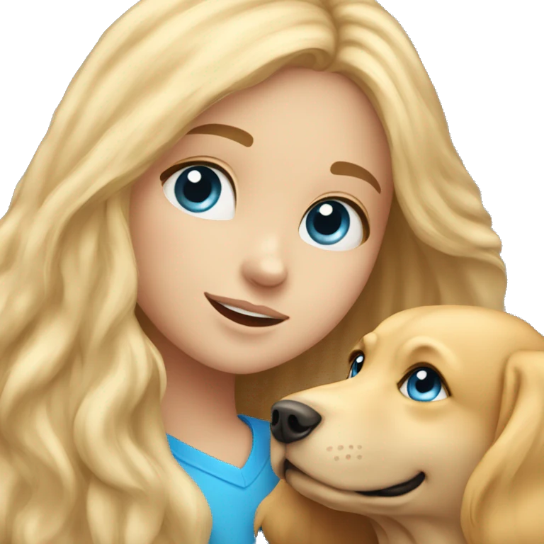 Girl with Blue eyes and Long blond hair cuddles with her golden Retriever emoji