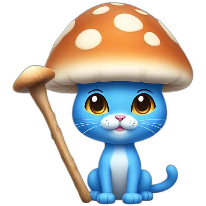  Cute Blue Cat NO ears wearing a mushroom cap carrying a stick in one arm standing on two legs no hair made of skin emoji