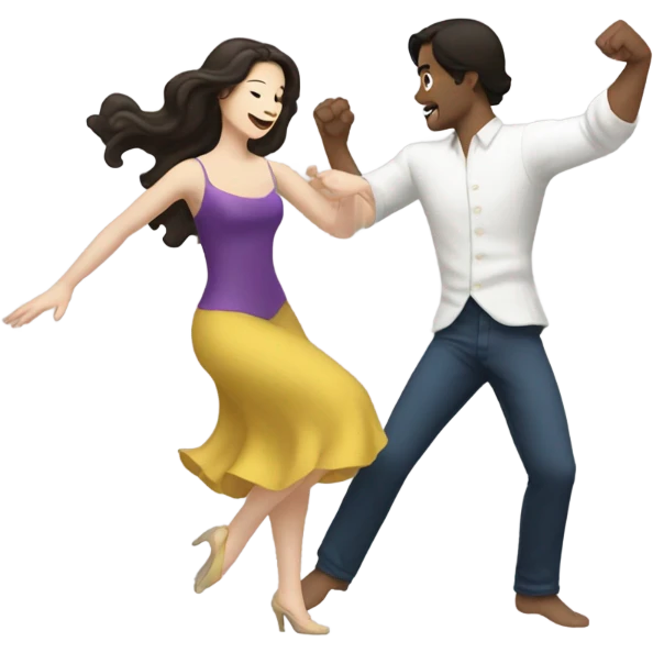 A pale half Asian man with short dark hair and white woman with long wavy brunette hair dancing together emoji