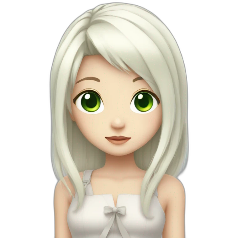 small anime girl with white hair , green eyes emoji