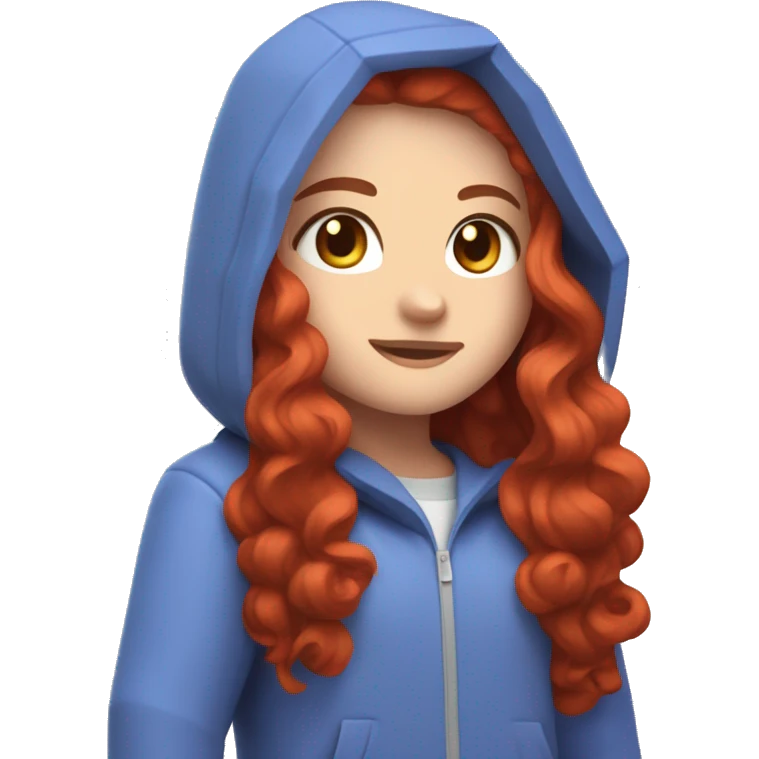 a white girl with long red curly hair, wearing periwinkle Minecraft hoodie playing a videogame emoji