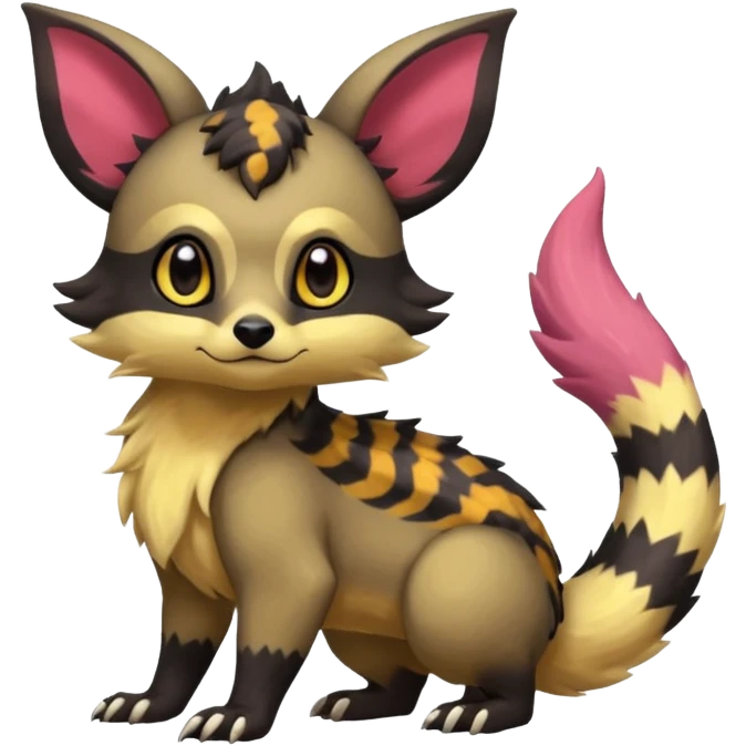 Rare warm-colored exotic cute epic aesthetic colorful Salandit-Eevee-Civet-species-Fakemon-hybrid-creature, with markings, full body emoji