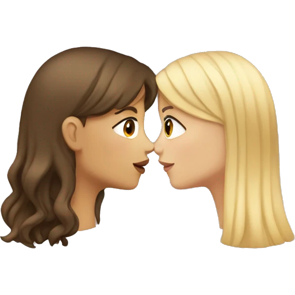 White girl with brown hair and blond bangs kissing tan girl with long dark hair emoji