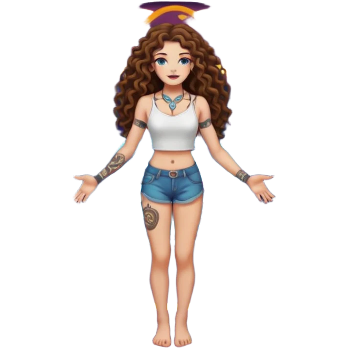 full body view of a woman with long curly brown hair, brown eyes, white skin, tattoos, standing in a magic circle on the ground, neon symbols around her feet emoji