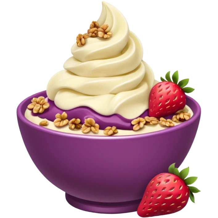 acai purple soft serve in a bowl strawberries and granola and chopped banana emoji