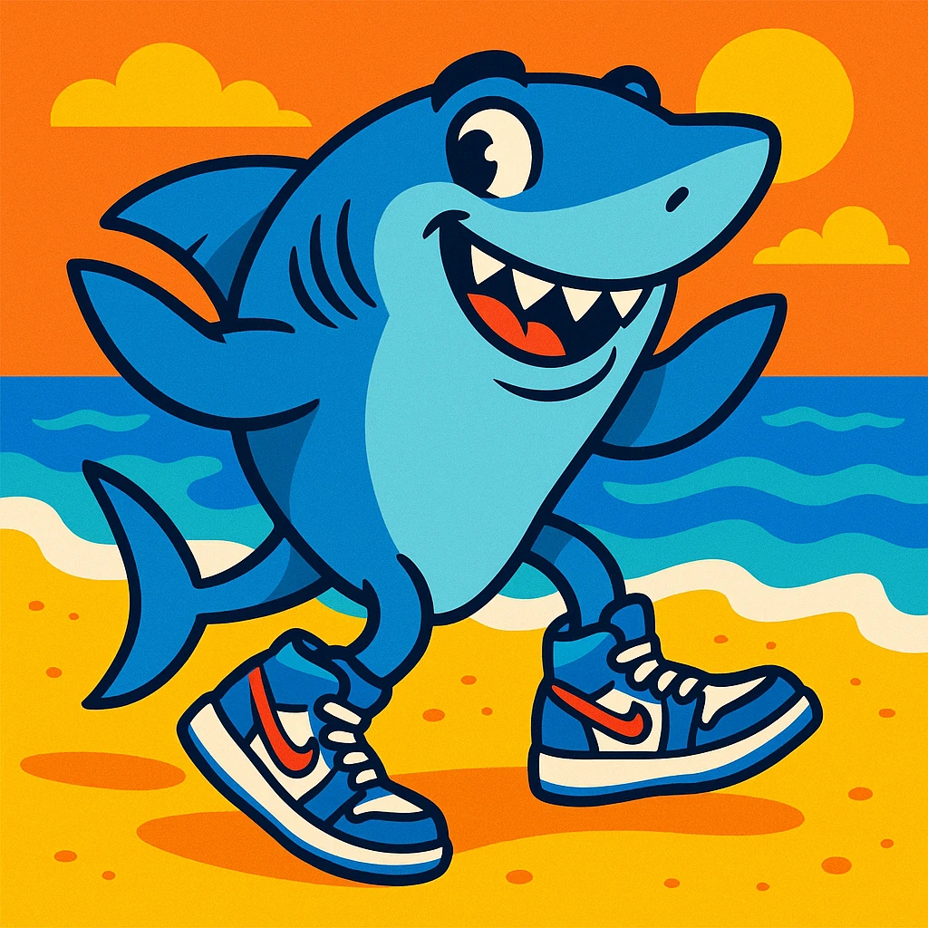 cartoon shark by the beach, all four fins in blue Jordan tennis shoes, with sand and water visible, fun and lively style emoji