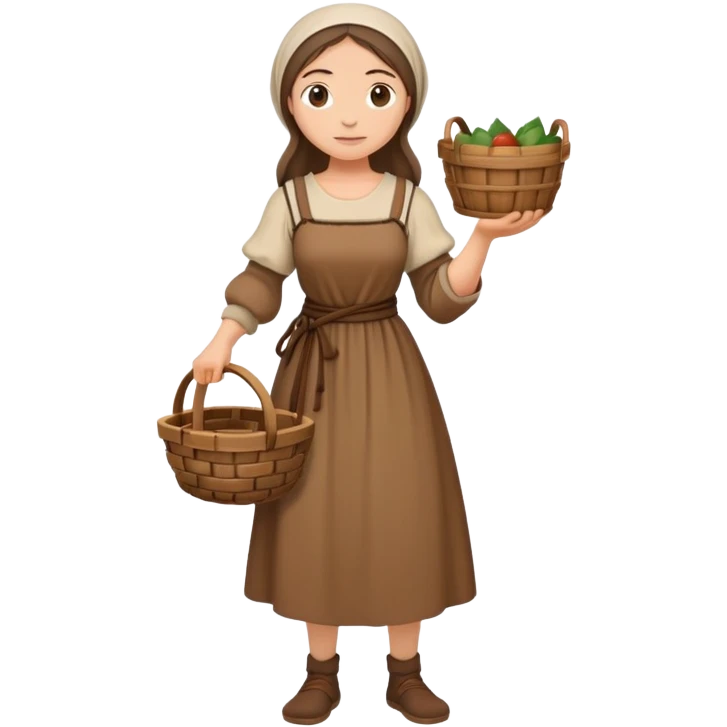 Full body of female medieval peasant in simple dress carrying basket emoji