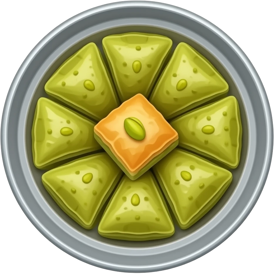 Yuvarlak gümüş bir tepside kare dilimlenmiş fıstıklı baklavalar emoji