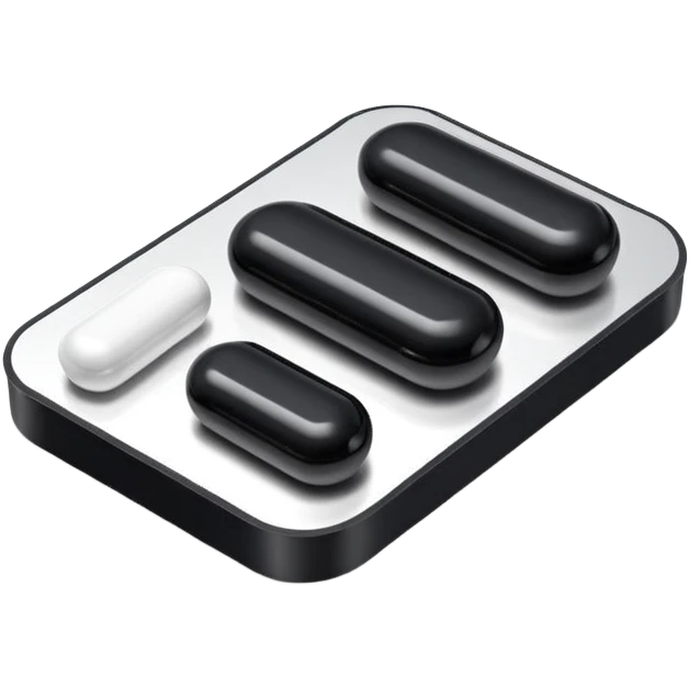 Minimalistic futuristic black medicine pills pack emoji, metallic black and white, reflective sleek surfaces, flat vector design, high-tech clean UI icon emoji