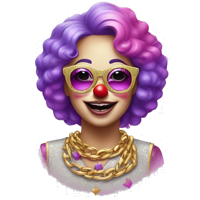 Lady Clown wearing pink sunglasses, glitter shirt, clown has pink and purple hair, gold chain,  emoji