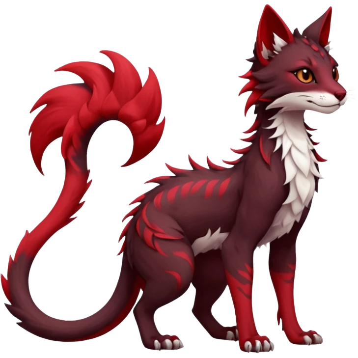 Kawaii dark-brown and crimson-red beautiful pretty elegant divine edgy fantasy feline-vernid-sergal-fursona animal creature with a tufted tail full body with intricate markings  emoji