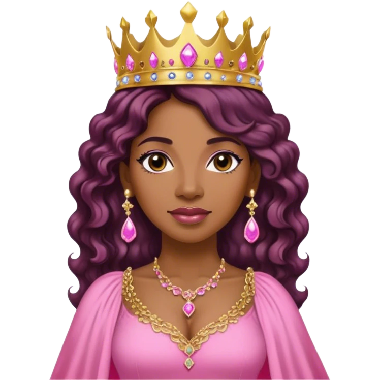 Crown TONE 4 black women with long WAVY hair pink dress pink crown facing forward black hair middle age adult woman gold gems in crown gold earrings  one woman emoji