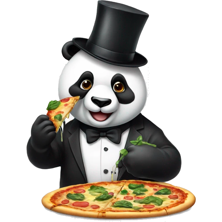 panda with suit and top hat eating drippy veggie pizza emoji