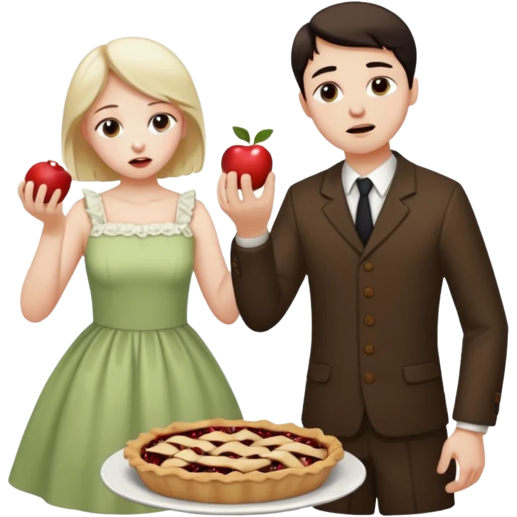 Sad man eats a pie. While his sister throws his dress on the apple emoji