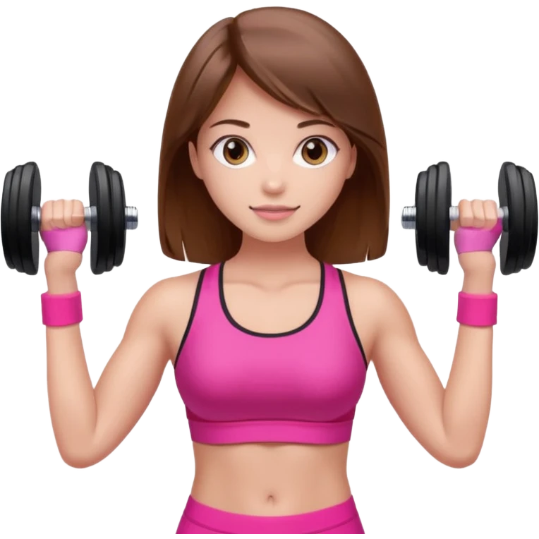 beautiful girl with brown hairs in sport wear in her hands is dumbbells her skin was light and hairs too and her sport wear was pink  emoji