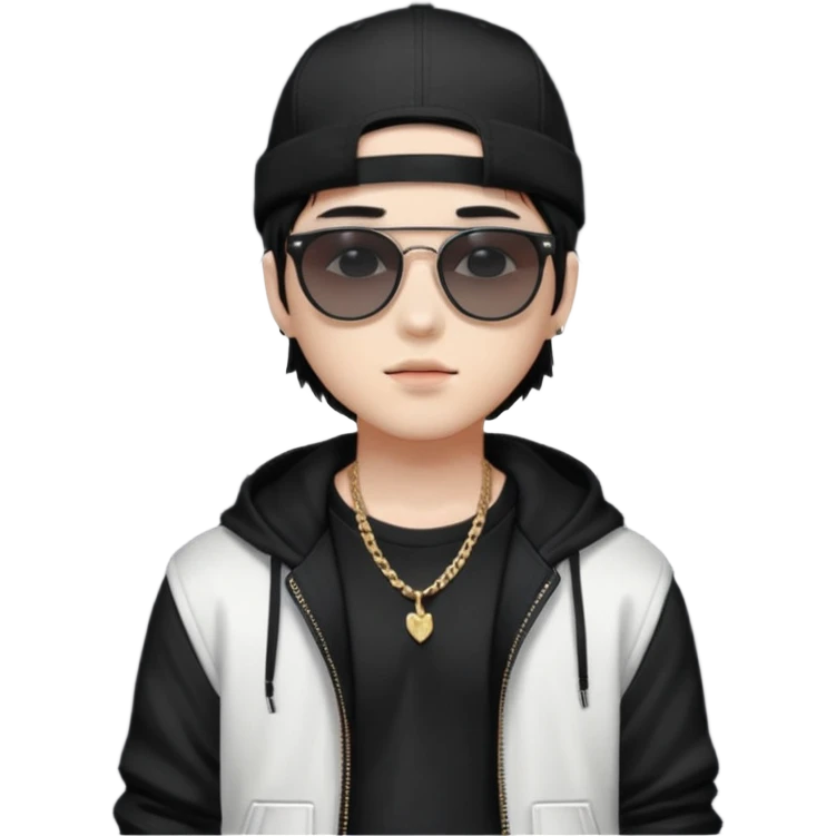 Portrait of a male K-pop idol, white skin, wearing a stylish streetwear outfit with layered clothing, makeup, wearing a black cap, sunglasses emoji