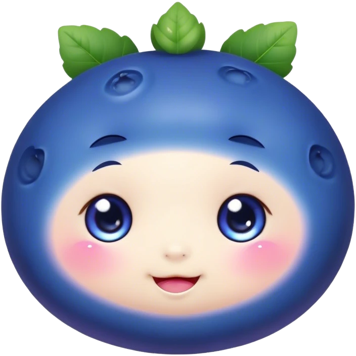 Cute Kawaii Blueberry, small and chubby, deep blue-purple with a tiny leafy crown, bright sparkling eyes, a soft round body, cute blushing cheeks, full of berry sweetness! emoji