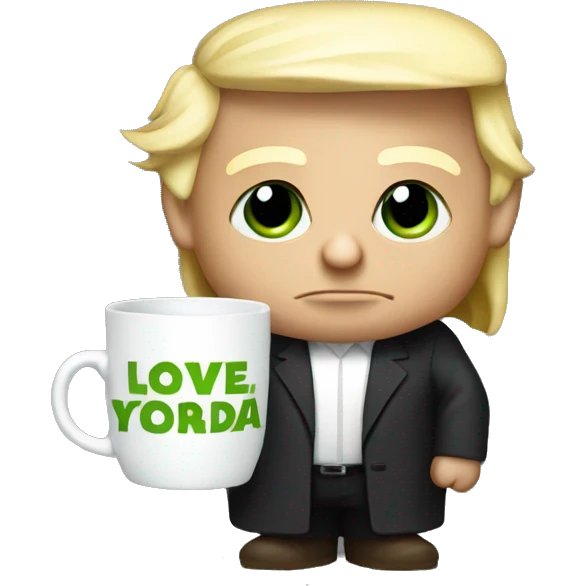 donal trump holding a mug that says i love yoda emoji