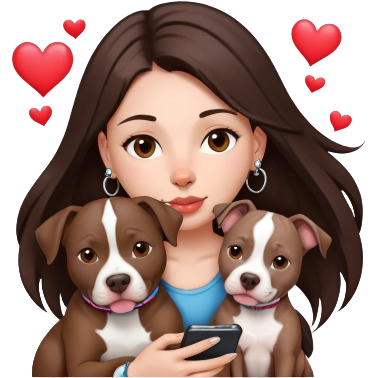 Young girl was long, dark brown hair sits with her dog who is a pretty girl pitbull with her cell phone in her hand in a small septum ring in her nose was hearts flying all around her emoji