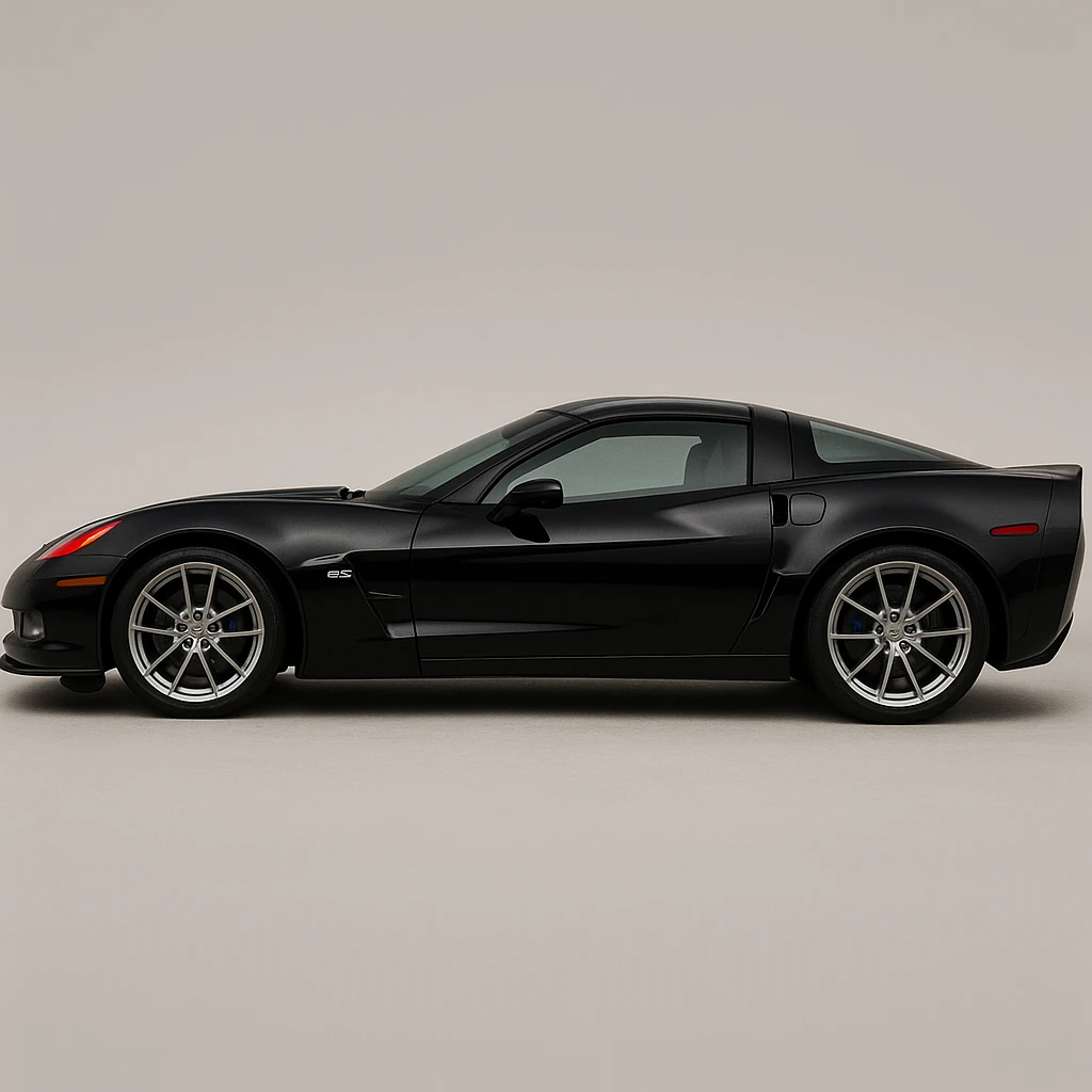 a black 2006 Chevrolet Corvette C6 ZR1 with a red headlight, detailed, sporty, side view emoji