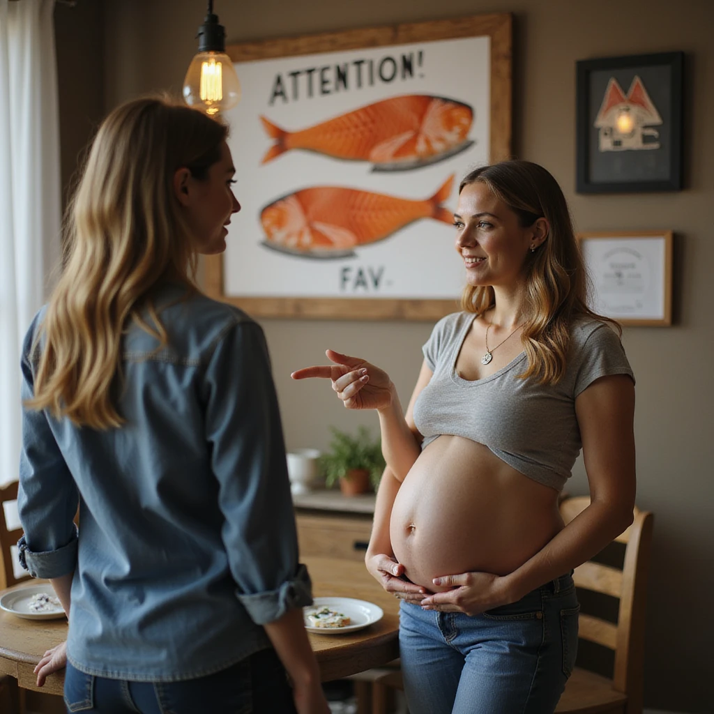 realistic pregnant woman in 4K pointing to a sign that says: 'Attention, consuming raw salmon may pose risks during pregnancy' to a friend emoji