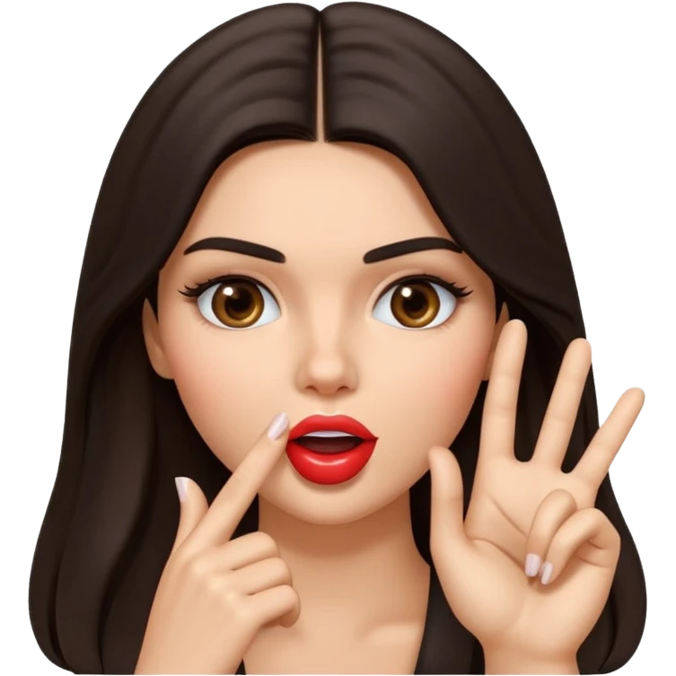 Create a glossy 3D emoji-style illustration of a glamorous brunette model inspired by Kendall Jenner, with long dark hair and defined features, making a “shh” gesture with one finger to her lips. Playful, mysterious expression, centered, transparent background. emoji
