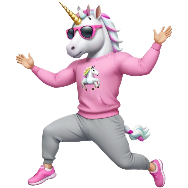 friendly anthropomorphised male white unicorn with a fit, chunky, muscular and strong physique, arms and legs matching the white of the head, wearing grey tracksuit pants and pink jumper, sunglasses, jumping for joy emoji