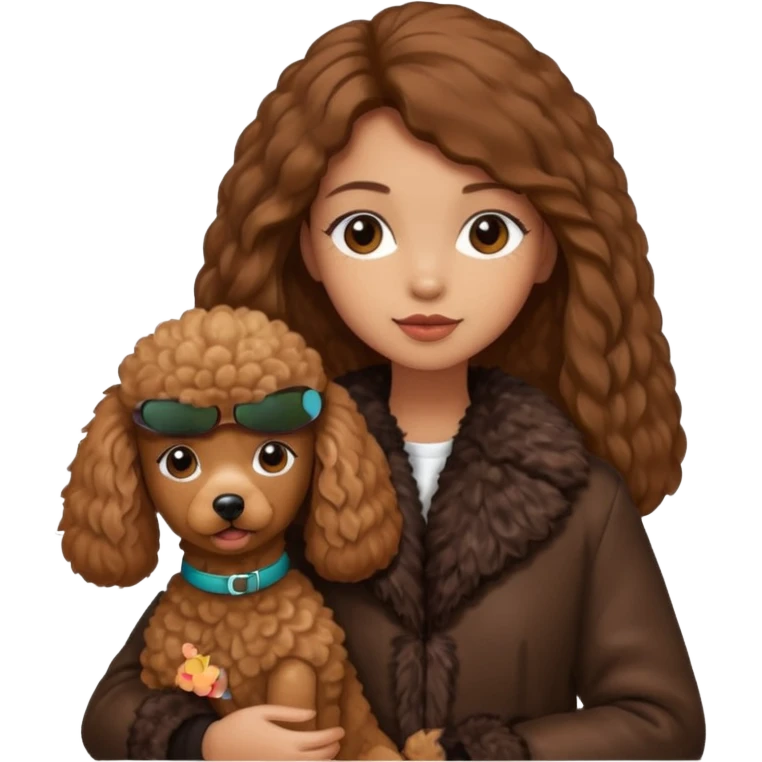 A girl who has long brown straight hair and wears a fur jacket holds a brown poodle emoji