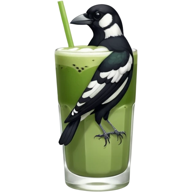  ONE Australien Magpie (just black and white feathers) sitting on an iced matcha latte on the edge of the glass. magpie has green matcha on its beak. matxha latte is in a see through glass and white from the oat milk on the bottom and green without seeds on top… one straw & ice cubes emoji