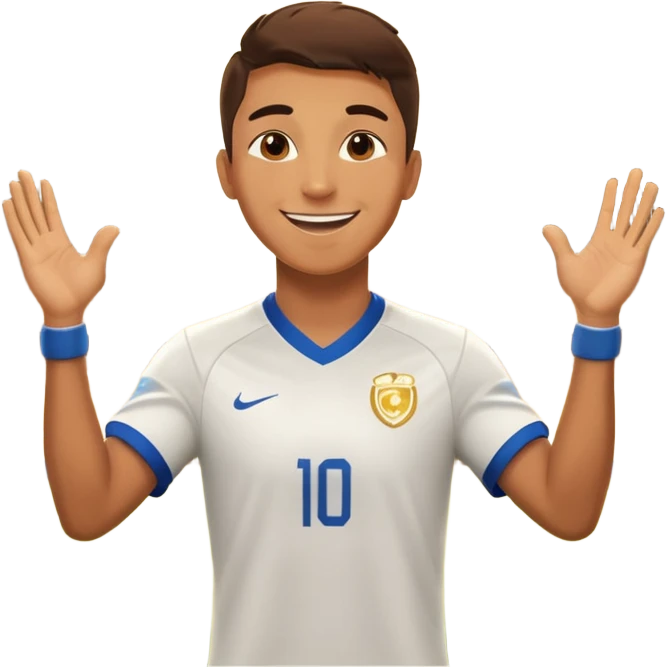 Soccer player celebrating with coach handshake under bright stadium lights, golden lighting, energetic, cinematic, realistic emoji