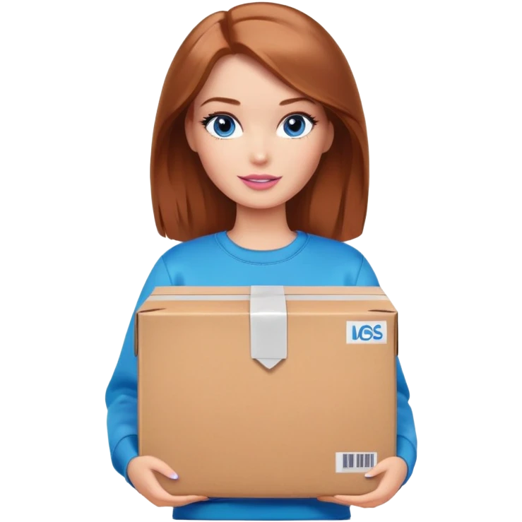 Barbie with shoulder-length reddish-brown hair, blue eyes with makeup, wearing a brown sweatshirt , stands with a parcel box emoji