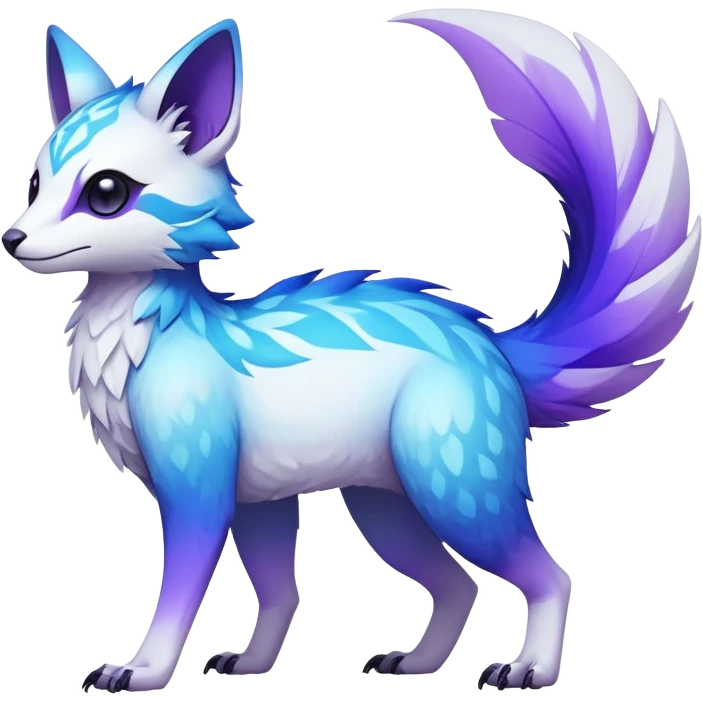 Rare realistic exotic edgy white and neon-blue and neon-purple gradients epic pretty beautiful handsome gorgeous aesthetic colorful vibrant Vernid-Trico-species-Fakemon-creature by LiLaiRa, 4 legs, 1 tail, random markings, (full body) emoji