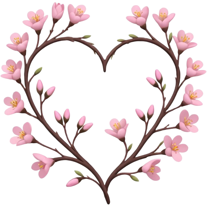 Natural minimal branches with a few flowers in a twisty heart shape emoji
