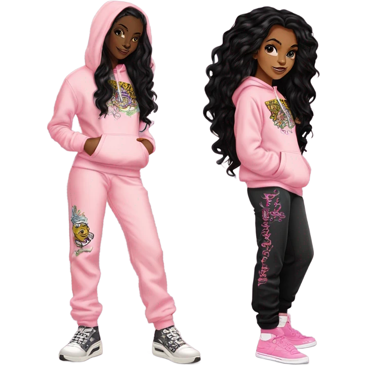 Light skin black girl with long black hair standing up straight with an pale pink ed hardy hoodie logo and pale pink Ed hardy sweatpants with logo  emoji