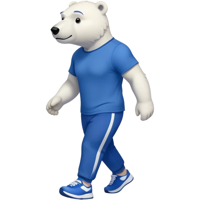 muscular friendly anthropomorphised polar bear walking confidently, wearing a royal blue t-shirt, black pants, and white trainers emoji