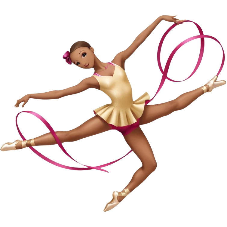 A graceful rhythmic gymnast performing with a flowing ribbon, executing an elegant leap mid-air. The pose exudes flexibility, balance, and artistry. The background suggests a competition arena with soft lighting, emphasizing movement, precision, and the beauty of the sport. emoji
