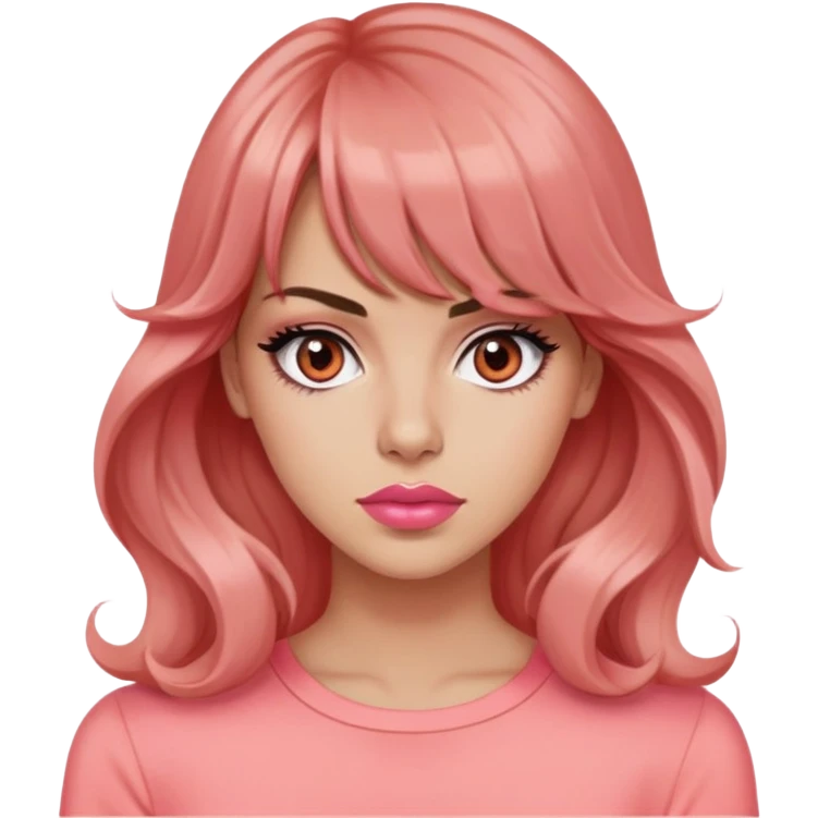 pretty woman, popular mean girl, rolling eyes, light tan skin, black eyes, long wavy auburn hair, bangs, pink top, coral lipstick emoji