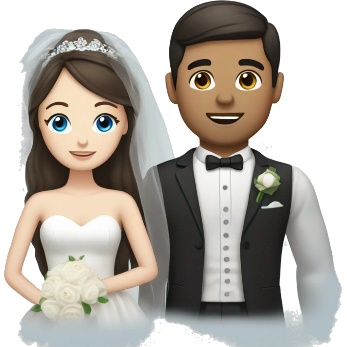 Bride with pale skin, dark brown hair & blue eyes standing with Groom with dark brown hair emoji