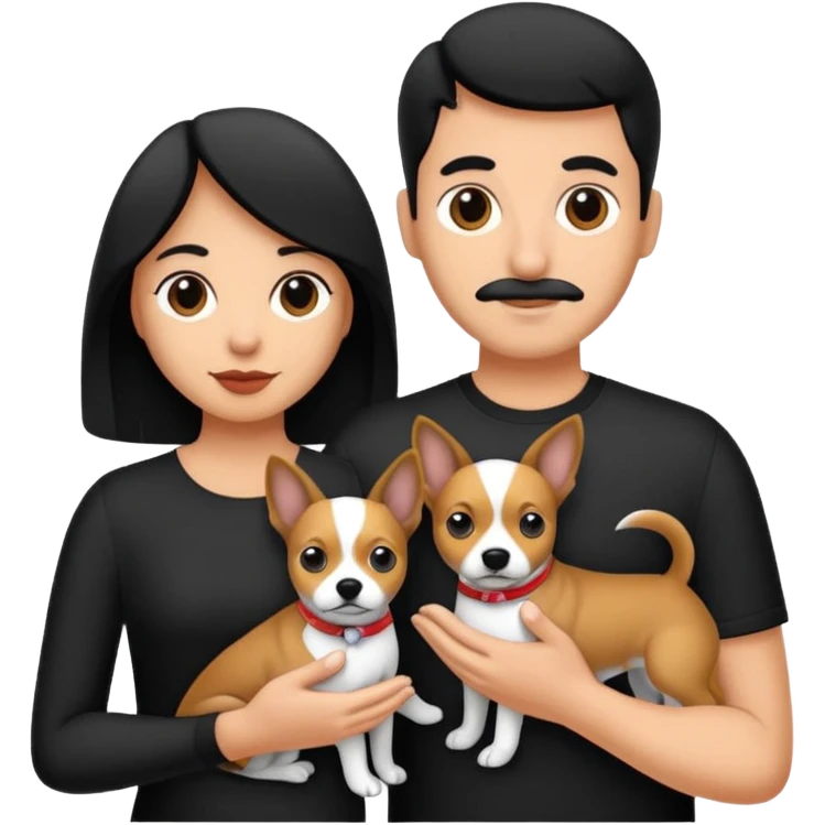 Pareja hombre y mujer, y con dos perritos pincher en sus brazos, puedes hacerlo en blanco y negro  emoji