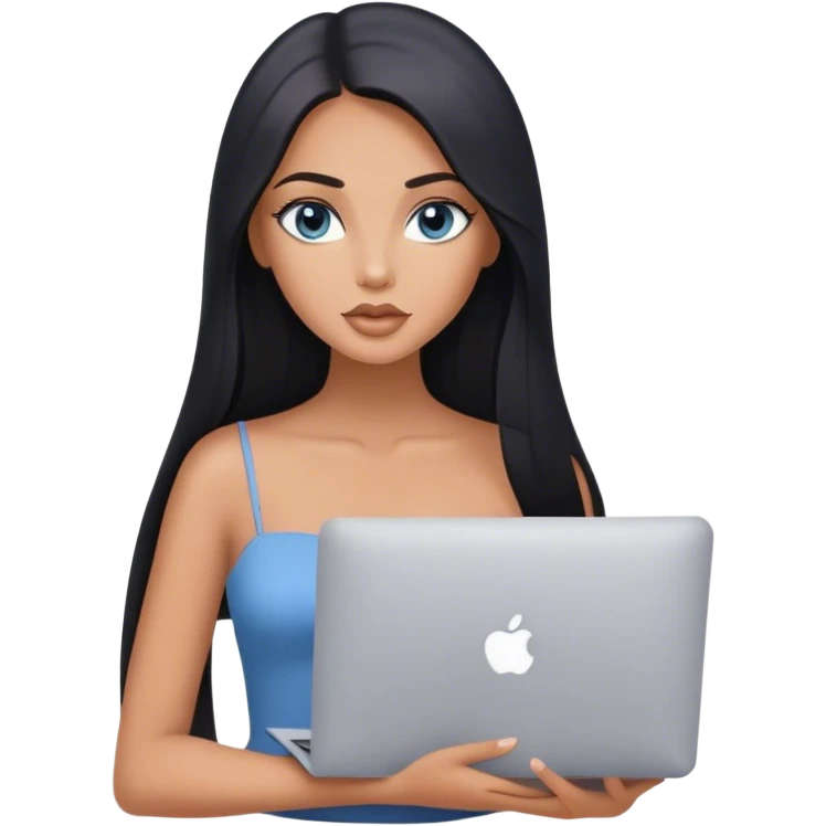 Glamours tanned very beautiful girl with pump nude lips and black straight smooth long hair, blue-grey eyes with one MacBook. emoji