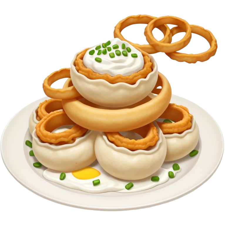 Ukrainian semi-oval dumplings with fried onion rings and sour cream on top emoji