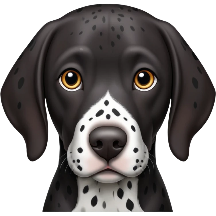 black german shorthair pointer, long snout, full black head, without white on the head, with white hair on the snout, black and white spotted body emoji